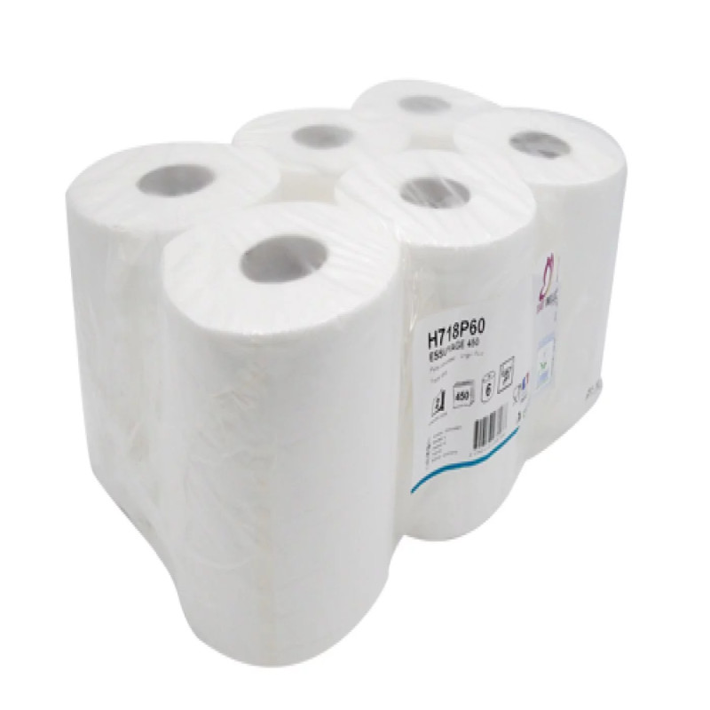 Bobine essuyage ECOLABEL blanche gaufrée 450 formats 2 plis par 6pcs