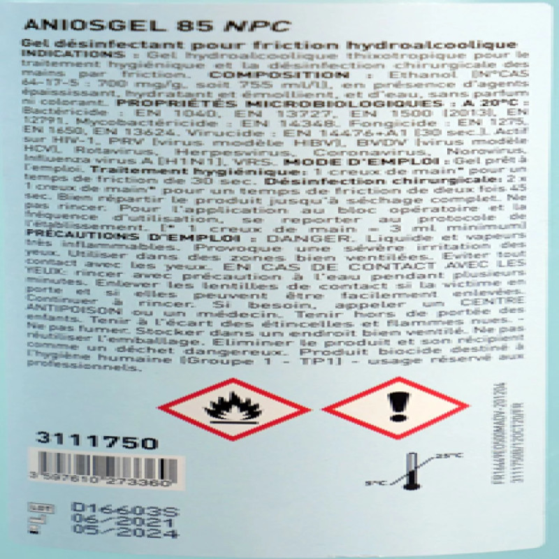Gel Hydroalcoolique AniosGel 85 NPC - Flacon à pompe | Anios