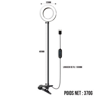 Lampe LED Anneau avec fixation clip, réglable 3 teintes