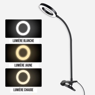 Lampe LED Anneau avec fixation clip, réglable 3 teintes