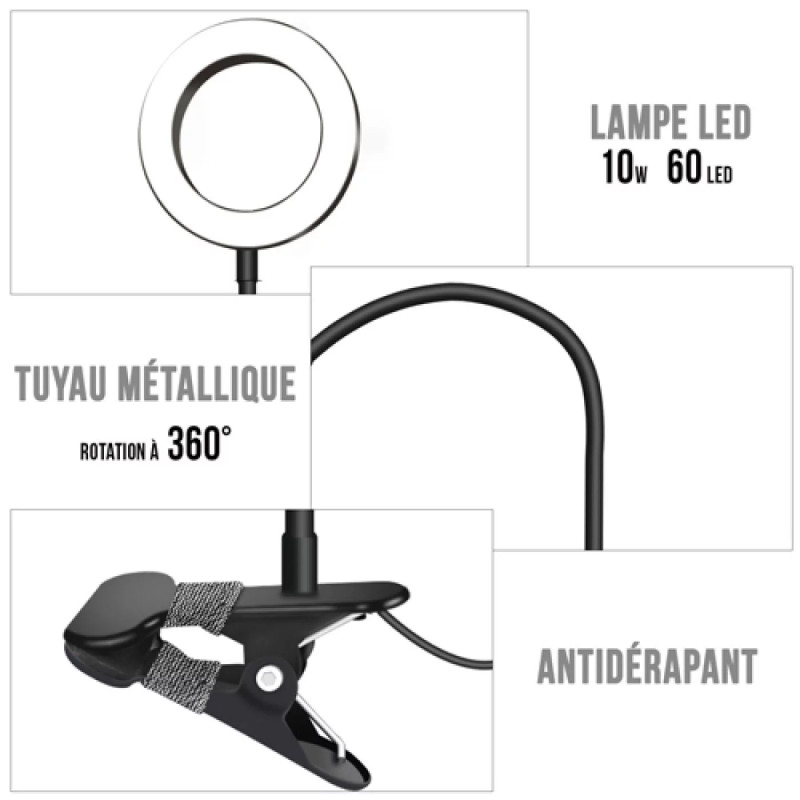 Lampe LED Anneau avec fixation clip, réglable 3 teintes